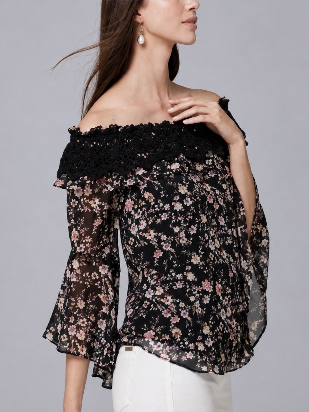 White House Black Market Off The Shoulder Crochet Bell Sleeve Blouse